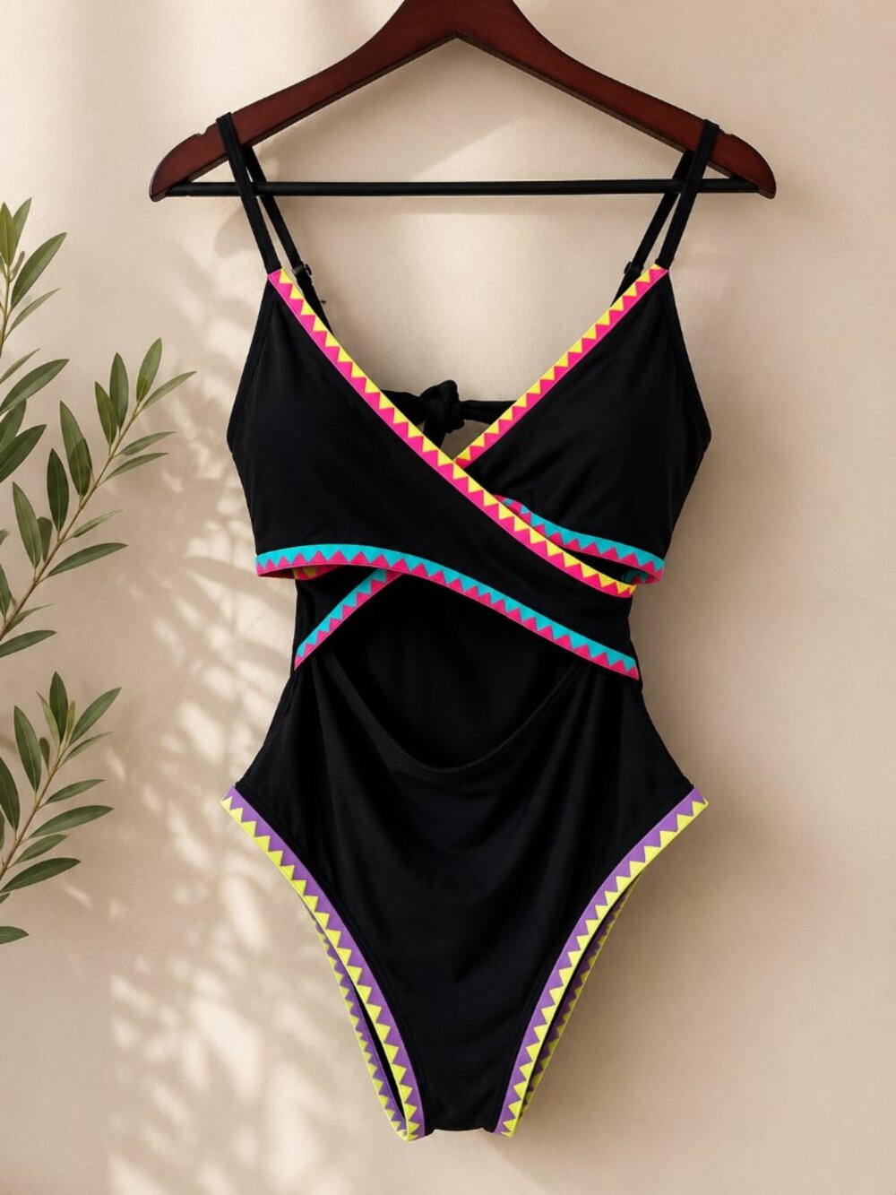 Popvil One Piece Swimsuit Women Medium Black Neon Trim Cutout Strappy Back NWT